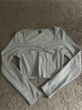 SHEIN Light Gray Ribbed Long Sleeve Scoop Crop Top